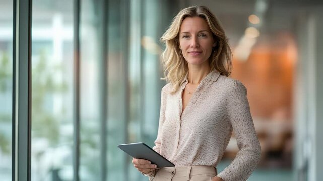 Confident businesswoman holding tablet