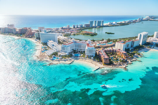 Aerial view of punta Cancun and caribbean sea, Mexico