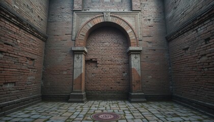 Fototapeta premium Abandoned Brick Wall Archway in Historical Urban Setting Surrounded by Weathered Stone Path and Textured Surfaces