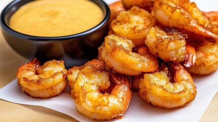 Crispy fried shrimp with creamy dipping sauce close up food photography