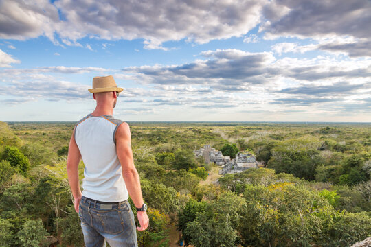 Tourist at the mayan ruins of Ek Balam, Yucatan, Mexico