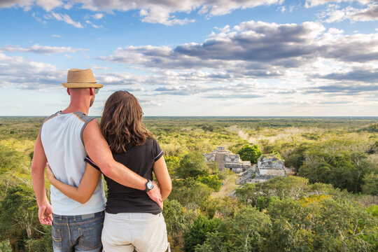 Young tourist couple at the mayan ruins of Ek Balam, Yucatan, Mexico