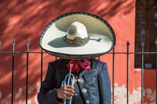 Mexican mariachi man with trumpet and sombrero, Yucatan, Mexico