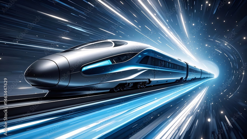 Poster 青色の光の流れの中を走る高速列車 未来的な輸送のコンセプトと先進技術の鉄道の旅