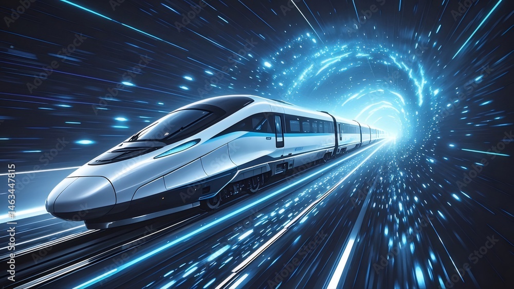 Poster 未来的な高速列車が青い光のトンネルを疾走するモーションブラー効果と高速輸送を示す技術コンセプトとデザイン