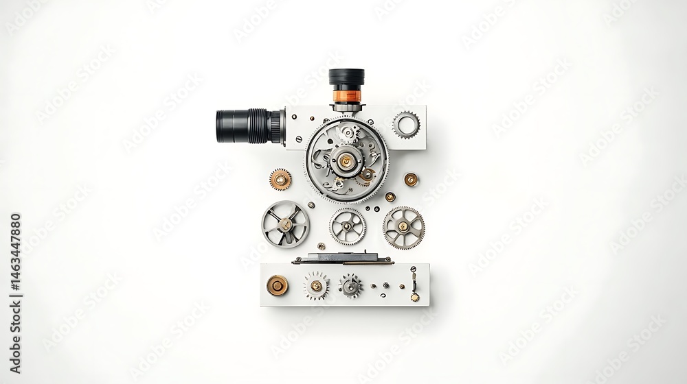 Poster deconstructed mechanical device with visible gears and lens on white background
