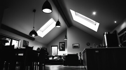 Modern high-ceilinged room, kitchen, skylights, relaxing atmosphere, home interior design