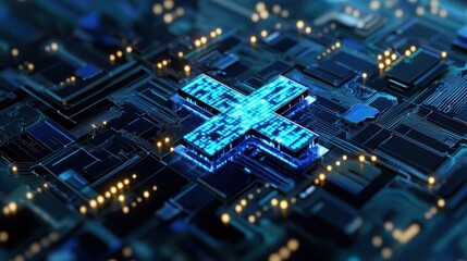 Obraz premium Glowing cross integrated circuit board digital healthcare technology