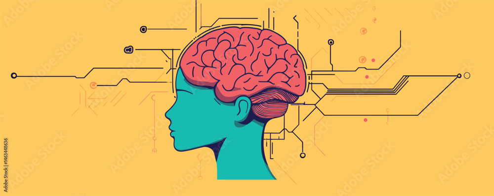 Poster conceptual artificial intelligence: human brain and circuit connections on yellow background.