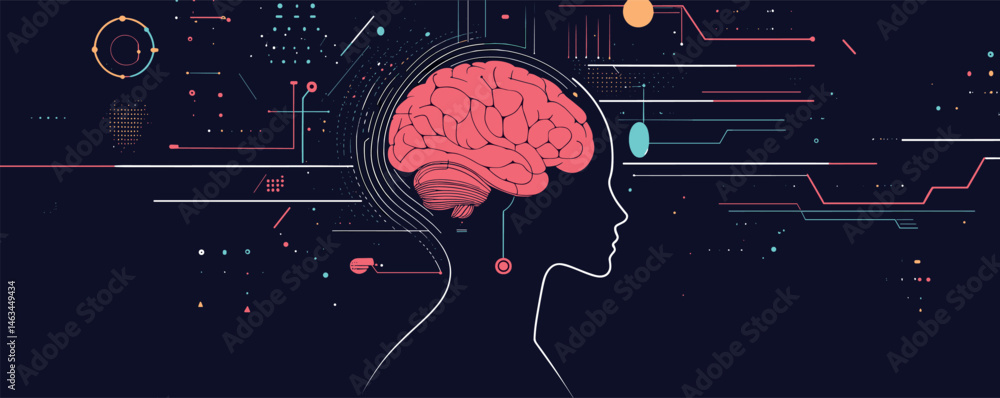 Poster silhouette of human head with brain and futuristic data elements in digital background.