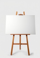 A small, empty, white canvas rests on a simple wooden easel. The studio setup is minimalist, isolated on white. Perfect for art projects