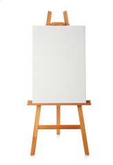 A small, empty, white canvas rests on a simple wooden easel. The studio setup is minimalist, isolated on white. Perfect for art projects