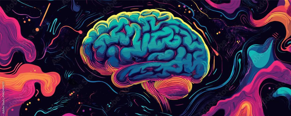 Poster vibrant artistic representation of a human brain with abstract colorful patterns.