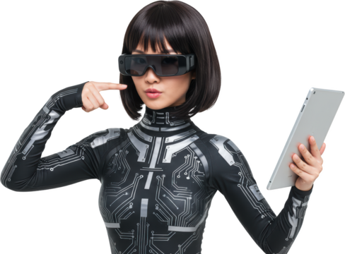 Futuristic Asian Woman with Tablet and Smart Glasses Circuit Design Bodysuit - Powered by Adobe