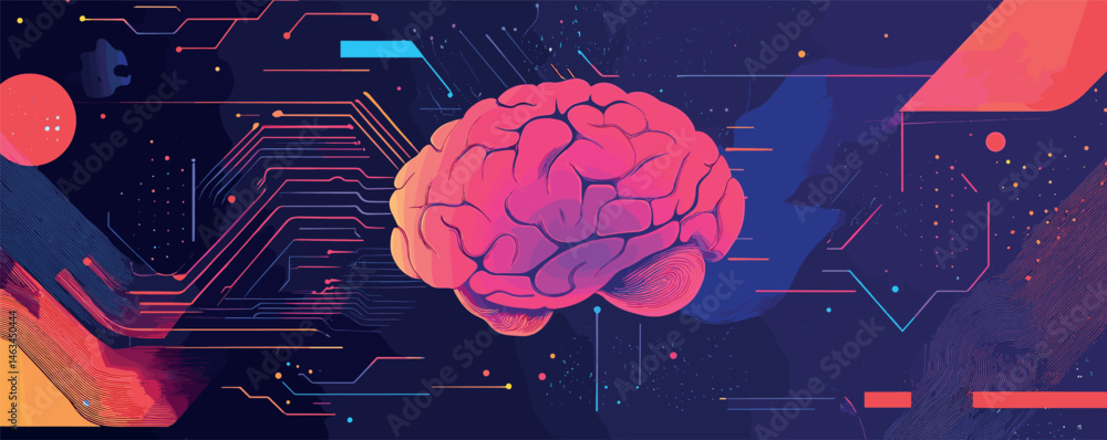 Poster vibrant digital brain with futuristic circuit design in abstract space.