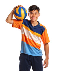 Young volleyball player smiling with colorful jersey holding a volleyball beside his head