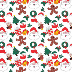 A seamless Christmas pattern in hand drawn lowbrow art style, filled with festive elements like Santa, snowflakes, trees, and gifts. Ideal for packaging, decoration, and textile designs.