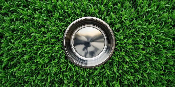 Empty Dog Bowl on Lush Green Grass - Top View
