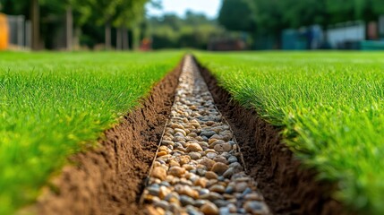 Gravel drainage system in green lawn outdoor nature image
