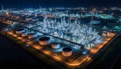 Aerial view of a vast industrial complex illuminated at night with bright lights and storage tanks.