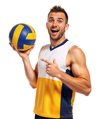 Excited volleyball player pointing his index finger to a volleyball on his hand