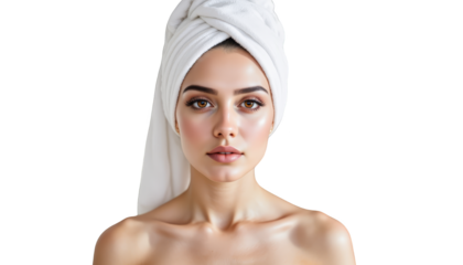 Serene woman relaxes with a soft towel wrapped around her head after refreshing bath