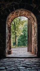 Fototapeta premium A stone archway with a door opening to a lush, green garden.