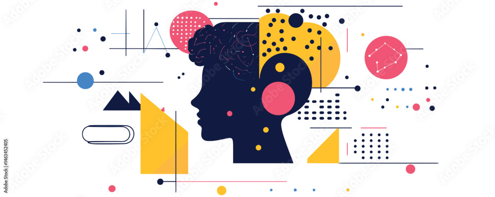 Aufkleber abstract profile of human head with geometric shapes and patterns in bright colors.