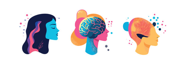 Naklejka premium Colorful profiles of human figures with artistic brain illustrations.