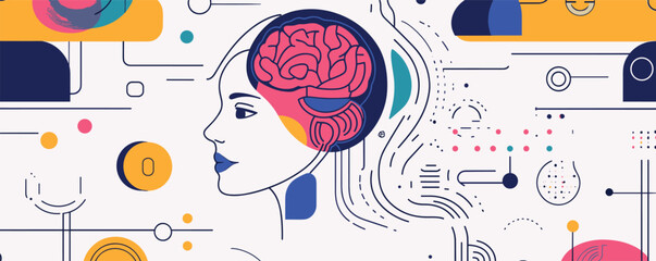 Fototapeta premium Abstract illustration of woman's profile with brain highlighted, symbolizing creativity and technology.