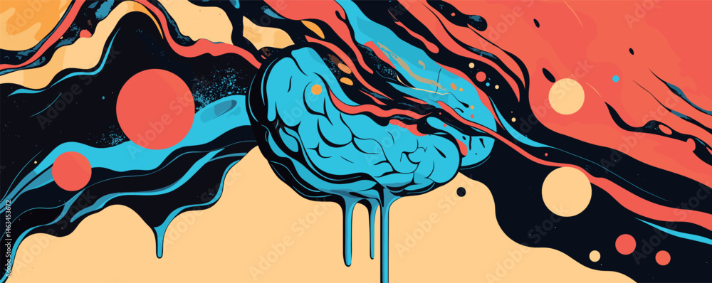Poster surreal abstract brain: colorful paint splash in dynamic fluid motion.