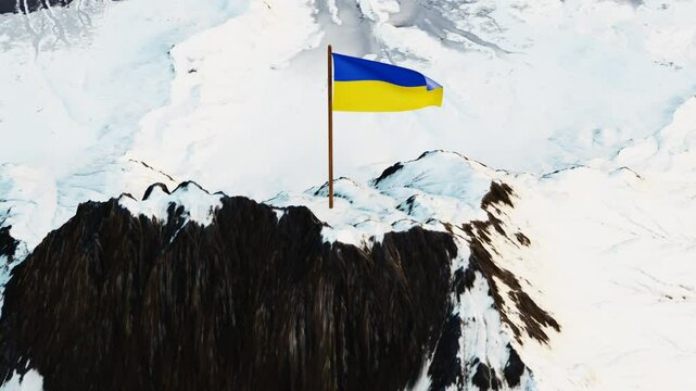 Dynamic 3D animation showcasing the historical flag of the Duchy of Brunswick and L&uuml;neburg, with its red field and two golden lions passant guardant, fluttering atop a snowy mountain summit, embodying