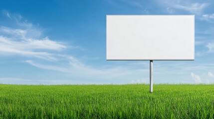 Blank billboard in green field under blue sky advertising template