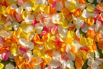 Colorful flower petals scattered on a surface.