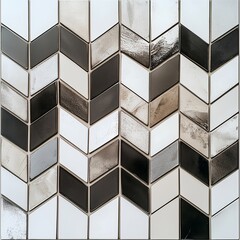 Fototapeta premium Modern Chevron Tiles Black and White for Kitchen Backsplash and Bathroom - Elegant Decorative Interior Decor with Geometric Shapes and Glossy Finish