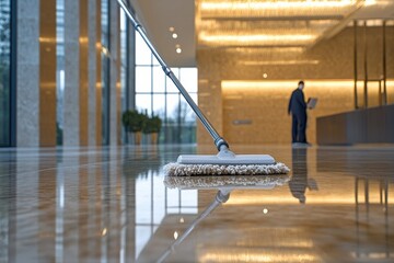 A janitor cleaning the marble floor of a modern lobby area with a mop during the day.