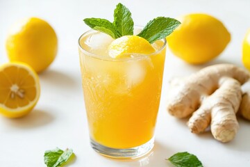 Fototapeta premium Refreshing lemon ginger drink garnished with mint leaves, surrounded by whole lemons and ginger.