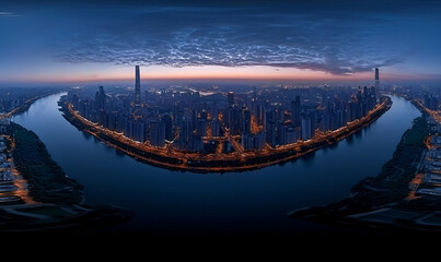 Night Cityscape with Illuminated Buildings and River Bend