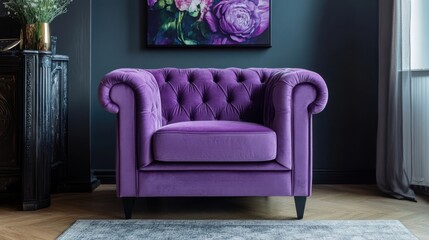 Purple velvet armchair with button tufting
