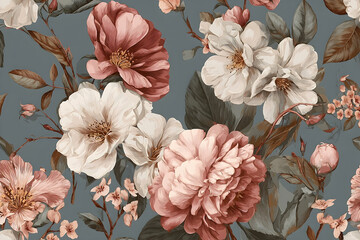Fototapeta premium Exquisite floral pattern in muted tones on a gray background.