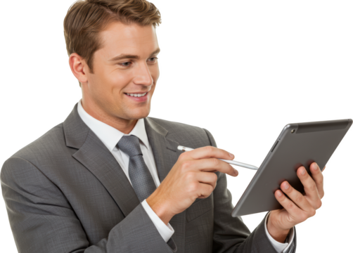 Confident Businessman Using Tablet PC with Stylus Pen Gray Suit Close Up
