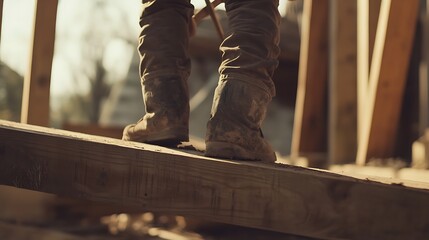 Construction Worker Standing on Wooden Beams