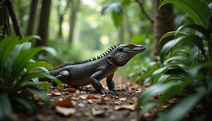 Obraz premium Large monitor lizard exploring a lush forest path 
