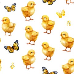 Yellow baby chicks and butterflies on a white background.