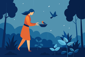 girl feeding birds in garden during rain 