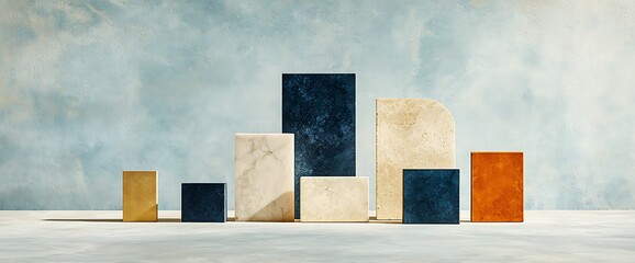 Diverse geometric shapes on light surface, blue cloudy backdrop. Textured blocks in various colors