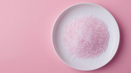 Close up of pink salt on white plate, minimalist style