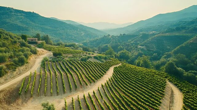Aerial view of lush vineyards on rolling hills, showcasing grape rows under a golden sunset with mountains in the background