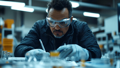 Focused Male Technician in Factory Setting Performing Detailed Inspection