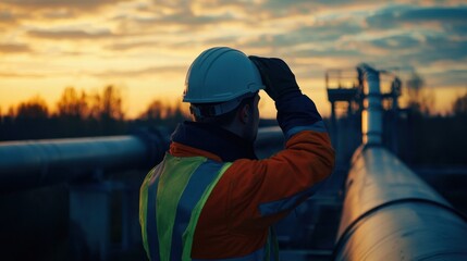 Male engineer inspecting large industrial pipelines at sunset, wearing a hard hat and safety vest.